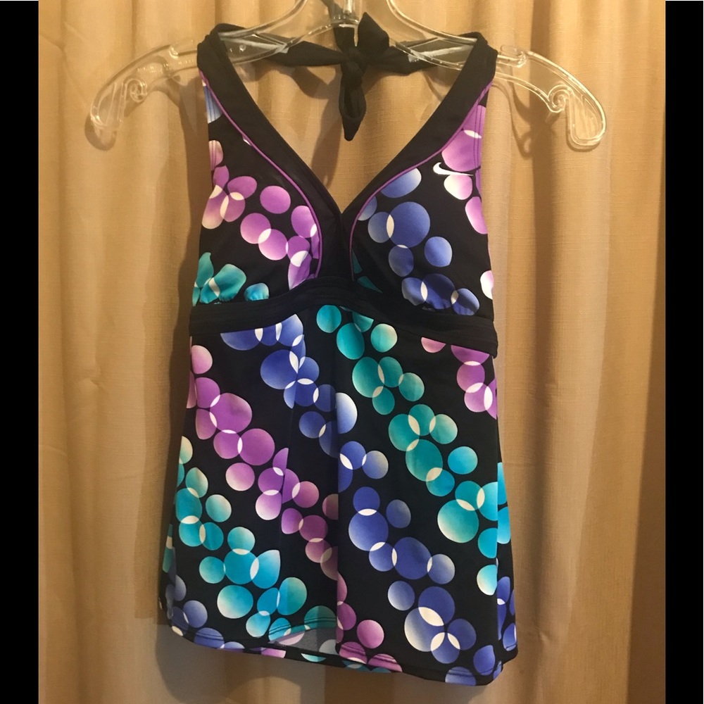 Nike 8 black tie-back halter top with purple aqua and rose colored bubbles